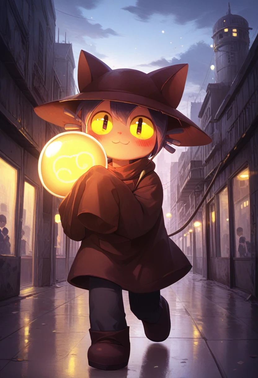 (score_9,score_8_up,score_7_up), art by zinfyu, Best Quality, Masterpiece, (Absurdres:), Detailed, Ultra-Detailed, Digital Art, correct anatomy, arms in correct position, niko, solo, young male, full body, cat boy, young, human nose, hat, cute, happy face, smug smile, blushing, beautiful eyes, cat eyes, yellow eyes, cat pupil, (Walking through the world machine:1.1), city at night, holding a very large light bulb shaped lamp