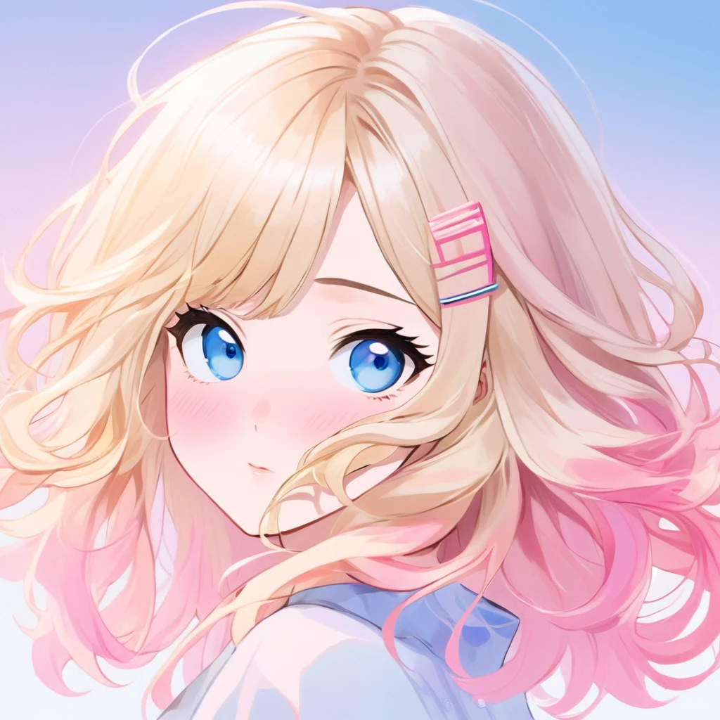 Japanese girl. Blonde-to-pink gradient hairstyle. Medium-length hair wavy and flows gently , adding a sense of motion. Large, expressive blue eyes.