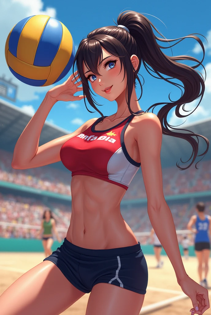 Professional women photo, 1 girl, flirting, (shiny breasts), morning, sexy, playing volleyball, costume with logo, sandy beach, backlit, (bangs), bloomers, (sweaty: 1.3), blurred background, sun visor, tan, no bra, ponytail, ballet net, (not mugiwara), balls only one on the screen,
