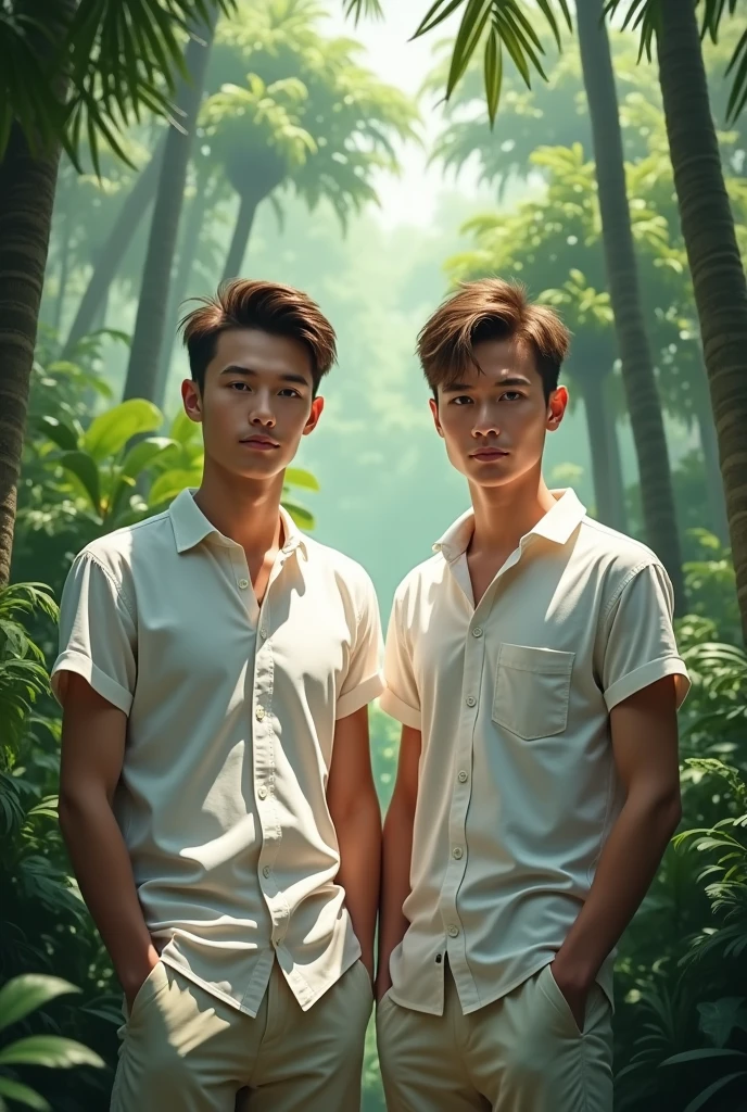 bamboo forrest，red fox，flowingwater，mountain stream，Twenty-year-old man，The two looked at each other，Be red in the face，perspire ，Abs --auto