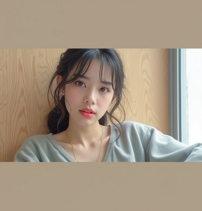 Top quality 1 woman See-through tops、big breasts、Plump thighs、Navy Camisole、(White wall as background、Part of her hair is sky blue:1.4)、white wall、Taken in front of the white door、(A room with a white wall and a window)、((highest quality、8K、masterpiece:1.3))、ultra high resolution、(photorealistic:1.4)、raw photos、Japanese,(details face)、real、Shot in natural light、Highly detailed face and skin texture、highly detailed lips、correct state of the human body、medium hair、black hair、various poses、natural color lip、leaning forward