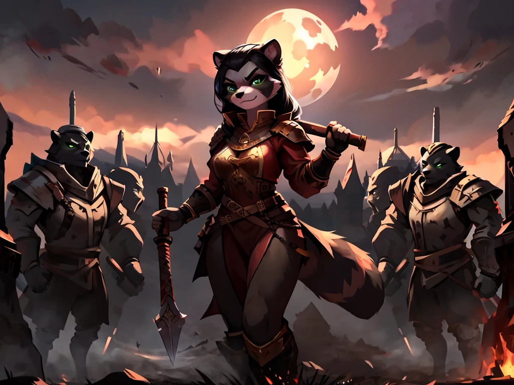 full body, battle ground background、full moon, A female raccoon, custom armor, night, medieval castle, very detailed, masterpiece, ultra resolution, perfect quality ,vivid colors,determined expression, strong shadows,majestic, dark atmosphere, green eyes, surrounded by soldiers, holding weapon up, head turned, looking over shoulder, swinging weapon, attacking with weapon, in battle, using weapon, long black hair 