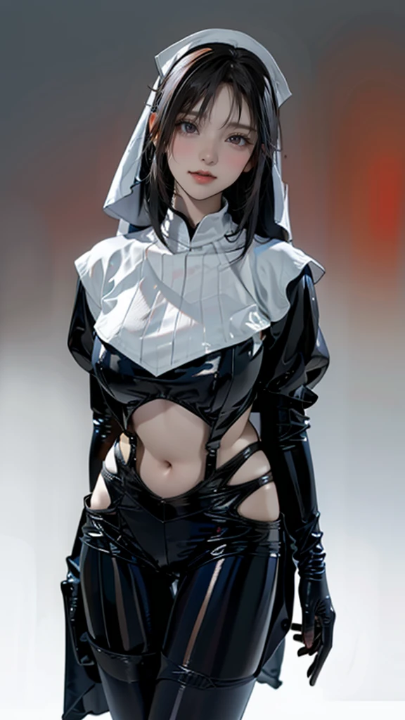 1 mature female，,Solitary,Medium breasts,(Thigh gap:1.2),(Cowboy shooting:1.2),ruanyi020,Squatting Cowboy,Black tights,BDSM,nun,Capulet,(white hair),, (masterpiece, best quality, Employed, high resolution:1.2), (Very detailed, Practical, Intricate details, High resolution), 3D, CG,  Line control braking, shiny skin, , blush,, Eyeliner, Eyeshadow, eyelash,, (Huge breasts, Sagging breasts:1.1), (movie lighting, Sunlight, volume), looking at the audience, Simple red background, vintage fantasy, 1960s \(style\), Film Grain,，Front standing posture ，For the audience，Full body portrait，Gray background