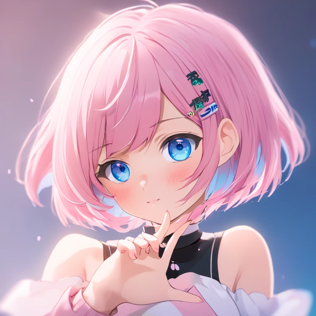 Anime girl with short pink hair and blue eyes posing for a photo, Anime Style. 8k, Created by Anime Painter Studio, Anime Styled 3d, Anime Style portrait, in Anime Style, semirealistic Anime Style, Anime Style character, in an Anime Style, Realistic Anime 3D Style, Anime realism style, Anime Moe Art Style, flat Anime Style shading