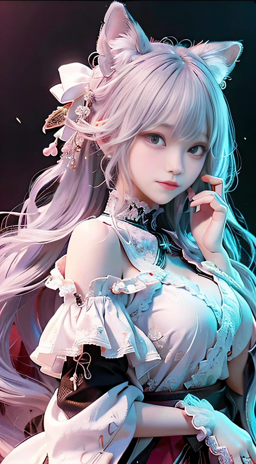 The upper part of the body、one girls、i have silver hair color、Two-tone、(Pink Highlight Hair、Curly hair,floral headband、very Bigger breasts、ultra gigantic tits、Sorcerer、tiny girl、Idol Costumes、off shoulders、I have a pink cane、Countless floating glowing spheres、An array of shining alphabets floating in countless numbers