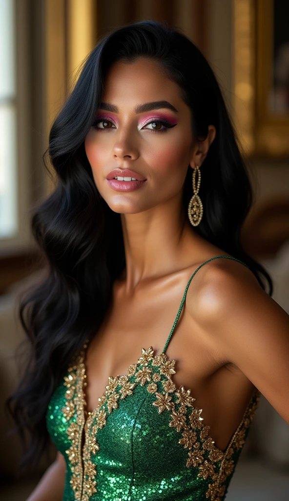 naked powerfull woman, black hair, cute face, big paunch