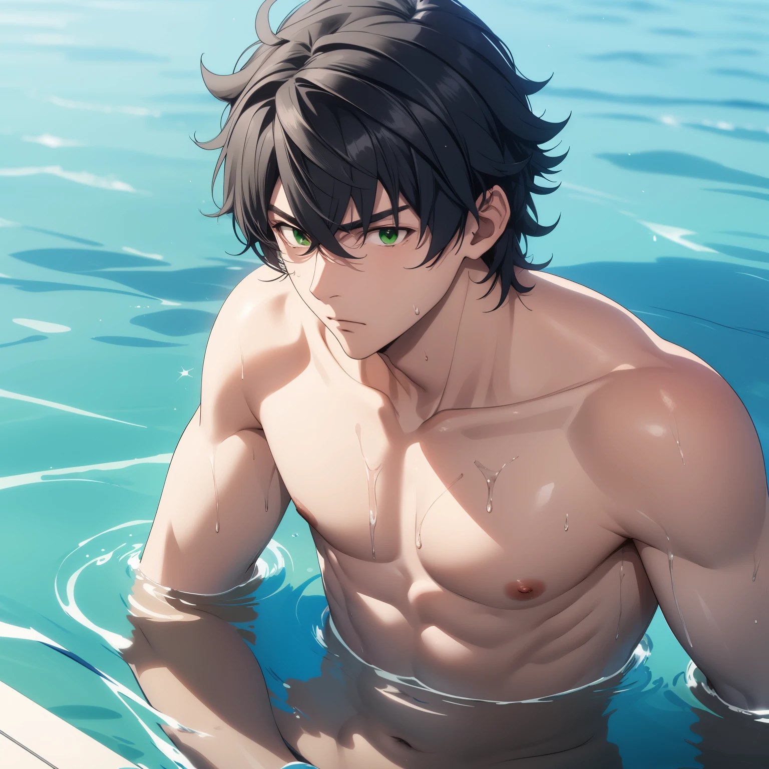 Naofumi Iwatani, 20 year old man, green eyes like emeralds, messy black hair,  serious gaze, serious,    naked torso, wet body, green swimsuit, athletic physique. He is bathing in a lake. 1 man alone, he is alone