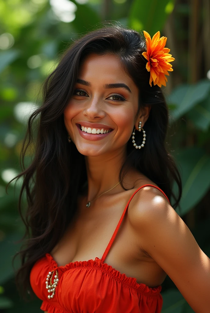 A Brazilian woman in a lush tropical garden, wearing a thong bikini , with a close-up capturing the harmonious beauty between her breasts and the natural flowers, showing off your natural charm and outgoing personality.