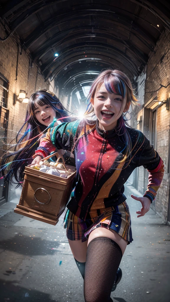 {{masterpiece}}, highest quality, Highly detailed CG Unity 8K wallpaper, cinematic lighting, Lens flare, beautiful detailed eyes, black, side line, multi-colored hair, colorful light, particle, heterochromia, (colorful:1.5), (colorful hair:1.5),2 young girls wearing school uniforms black and white,running in the school garden,laughing,teeth,
