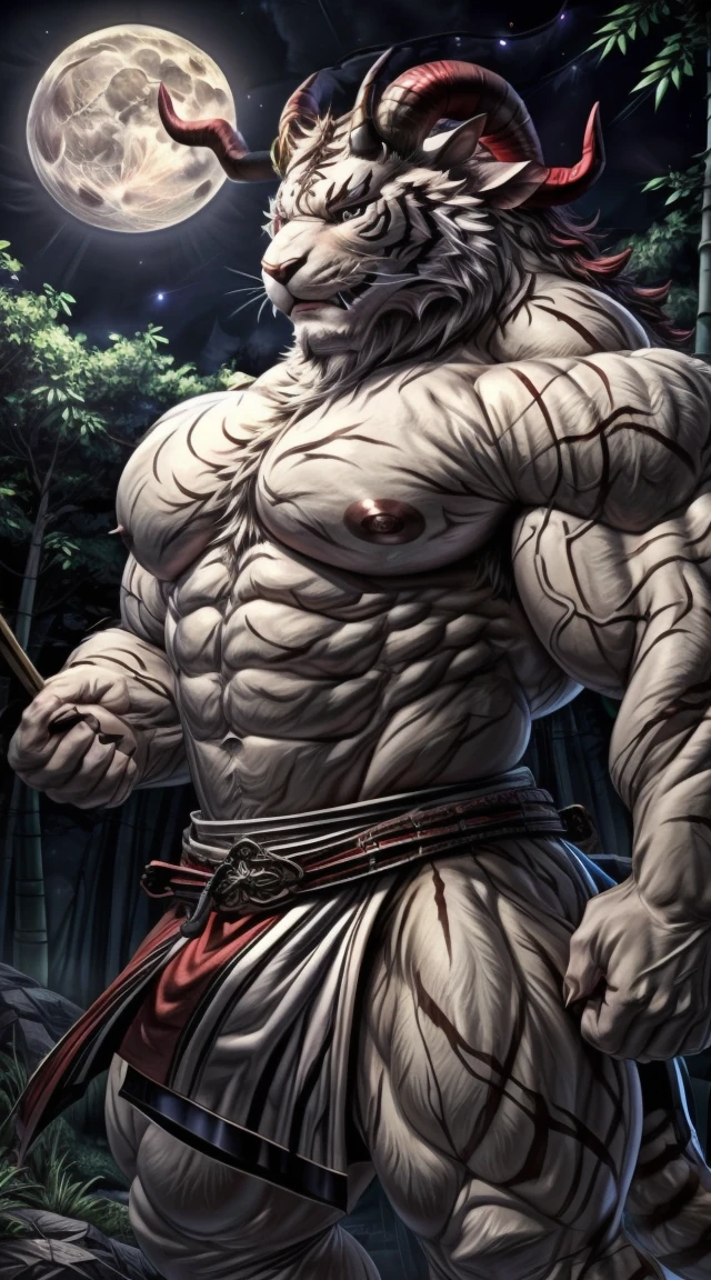 detailed features, full quality, best quality,4K HD, (extreme detail), ((solo)), (anthro White Tiger) WhiteTiger , mature, masculine, (Bodybuilder), (strong pecs), (correct anatomy:1.2), vascular veins, (cartoon fur, detailed fur texture:1.3), topless, (shirtless, wearing  Japanese Samurai cloth:1.3), Full body Character, Character in ceter, ultradetailed, (by wfa:1.2), (by takemoto_arashi, by vorusuarts, by Traver009:1, by grimfaust:1), natural lighting (Bamboo Forest_Night_Full moon background), ((detailed face, detailed eyes)), (smirk face,confidence look),(Red Horn:1.6), ,alpha male, thick legs, wide thick chest, large pecs, large biceps,