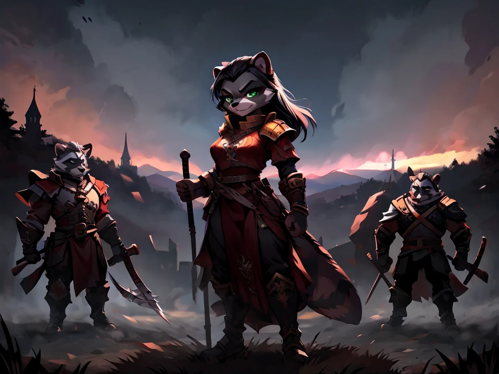 full body, battle ground background、full moon, A female raccoon, custom armor, night, medieval castle, very detailed, masterpiece, ultra resolution, perfect quality ,vivid colors,determined expression, strong shadows,majestic, dark atmosphere, green eyes, surrounded by soldiers, holding weapon up, head turned, looking over shoulder, swinging weapon, attacking with weapon, in battle, using weapon, long black hair 