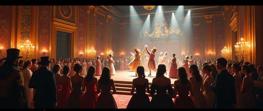 Describe the image of a majestic ballroom in the Imperial Palace during the Second Brazilian Reign. The room is filled with elegantly dressed nobles, Dancing in the midst of a richly decorated environment. No centro, destaca-se um lustre imponente, com centenas de cristais brilhantes que refletem a luz das velas. Nas paredes, Paintings of historical scenes and portraits of the imperial family adorn the space. The floor is polished wood, perfectly polished to facilitate the sliding of pairs during dance moves. Ao fundo, It is possible to see large glass windows, through which one can see a lush garden full of colorful flowers. The atmosphere is full of live music, An orchestra plays festive melodies while guests indulge in joy and relaxation. The air is impregnated with delicate perfumes and the sound of laughter and lively conversations fill the room. The atmosphere is festive and sophisticated, a true manifestation of the splendor and refinement of the imperial court in the Second Brazilian Reign.