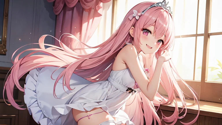 pink hair、student、best style、excited、best quality、Highest image quality、Slender、beautiful tiara、high quality、Happy smile、Sexy的、extremely good、super high quality、Super detailed、Ultra-clear、one person、Swimsuit、dress、dress、Bathrobe、mini skirt、stockings、Sexy、looking into the distance