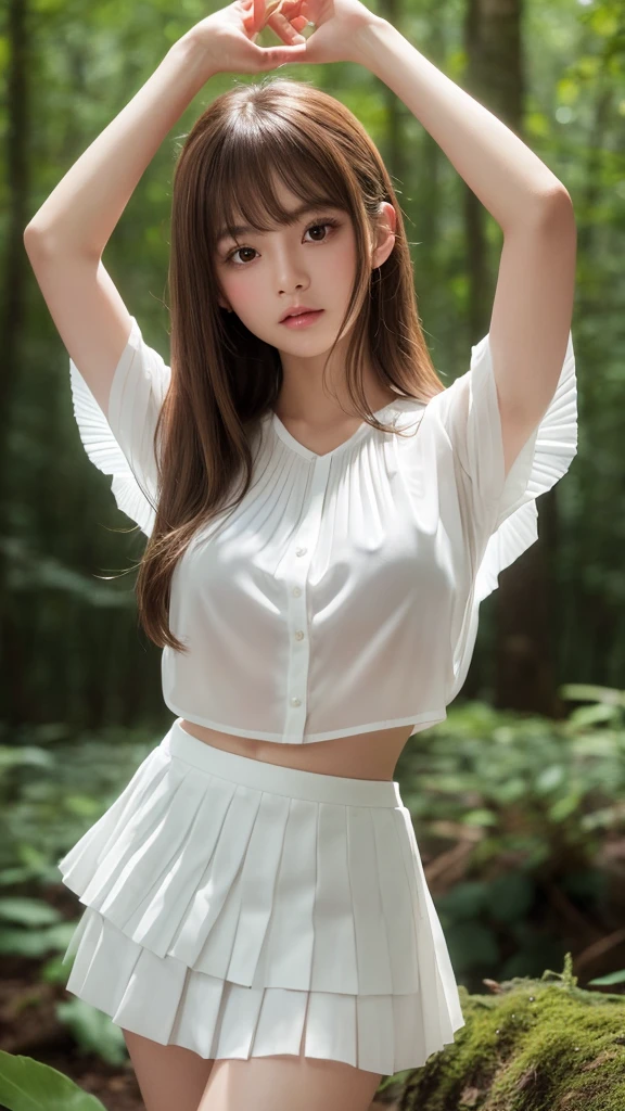 Beautiful young Margaret Qualley, glasses, white blouse, frilly skirt, dark tights, hyperrealistic, , model body, small breasts, beautiful breasts, long hair, ponytail, long legs, 8k, Oriental House, flower cherry tree, sunrise, dynamic lighting, climbing tree, sexual pose, penis in place of vagina
