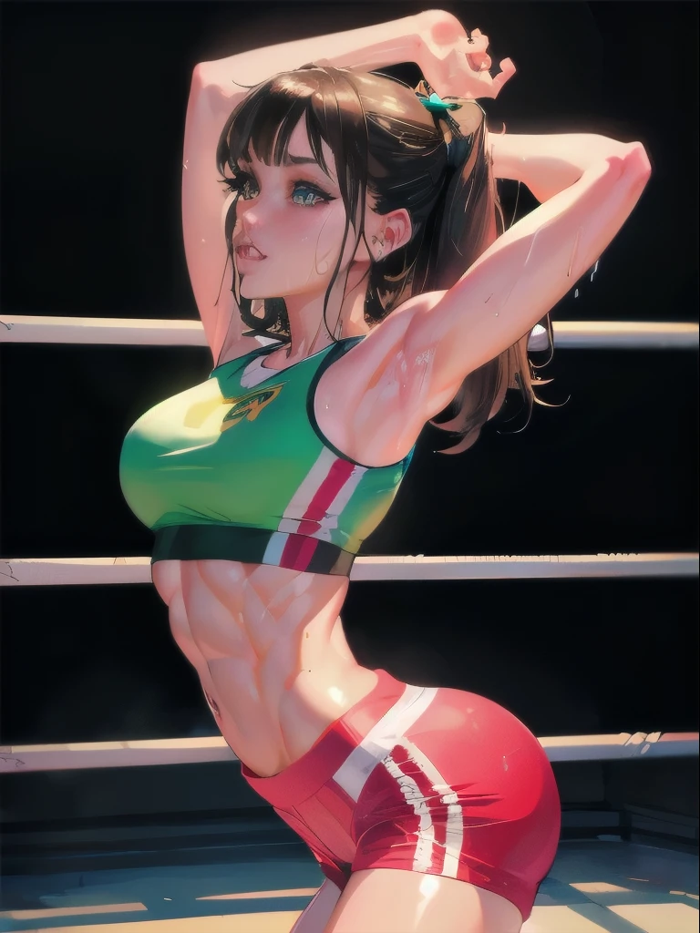 ((Masterpiece)), ((Best Quality)),Ultra High Resolution, Caustics, Detailed, Beautiful Detailed Eyes, solo, (athletics stadium, track and field athlete),cowboy shot,20 year old beauty、(nsfw,shibari:1.3,shibari over clothes,hemp rope),(separate,white sports bikini,show off belly),slender body, ideal ratio body proportions,oily skin, gleaming skin,sweat:1.3,medium breasts,brown eyes, (ponytail),medium hair,brown hair,crying,steam,heavy breathing、 arms behind back,kneeling,