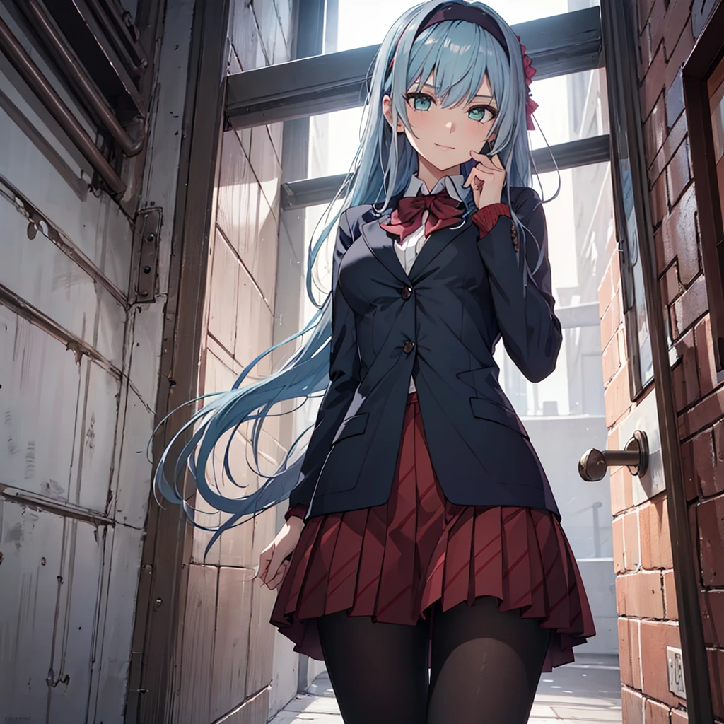 ((masterpiece,best quality)), highres, extremely detailed 8K wallpaper, depth_of_field, best shadow, (Colorful),(Delicate eyes and face), nice hand, Perfect hands, (no lighting), Ray tracing, BREAK (1girl), long hair, (light blue hair), green eyes, medium breasts, bangs, confident smile, BREAK, standing, BREAK, Cowboy Shots and knee, school corriror, school hallway, hand resting on hip, sharp eyes, jacket, blouse, miniskirt, tights, headband, (solo), wide hips, centered