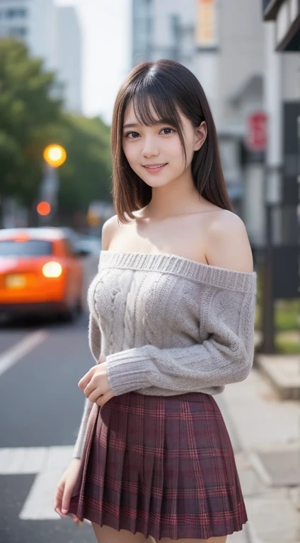 One beautiful girl, 非常にBeautiful detailed顔, Laugh shyly, Medium chest, Deep valley), (Off-the-shoulder sweater, Oversized sweater:1.3), (Skirt flip), (Roll up your skirt yourself), (Flip up the skirt), (Lifting up a grey pleated tartan skirt), (Lace pants, Showing panties), (Wind lift), Skirt blowing in the wind, Lift up your skirt, Hair to shoulders(Beautiful Face:1.2), high quality, Realistic, Highly detailed CG integrated 8K wallpaper, Very detailed, High resolution raw color photos, Professional photography, Realistic portrait, Cinematic Light, Beautiful detailed, Super detailed, Attention to detail, (((Bokeh))), depth, illumination, Neon Town, 超スタイリッシュなillumination, Halloween Night, Pumpkin lantern