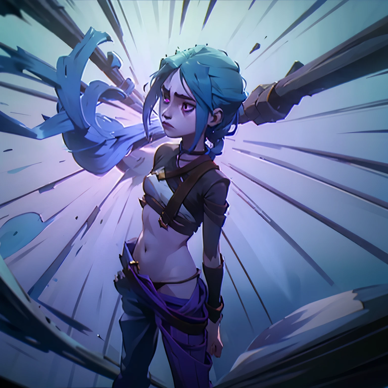 Green hair, bangs on the left side, baby physique, child, eyes with drooping corners and eyelids, small breasts, long hair, purple eyes, girl, purple men's shirt, long sleeves, long pants, white pants, white clothes all, white clothes, purple scarf, scar under the left eye, bruises under the eyes, no shoes, thin body, white wings, sad look, closed mouth, white collar, one, rain, stands with his back