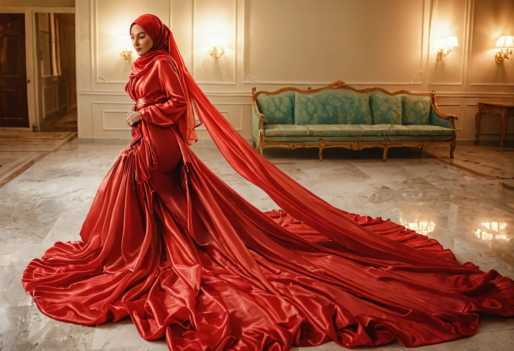 woman shrouded in a 10-meter-long, plush red semi transparent satin shimmer cloth, tightly bound and grandly draping along the form of her body, flowing off into a pooled floor-length train, styled in a mermaid-inspired outfit, her head modestly veiled in a satin hijab,walk in hotel loby, a full-body pose conveying a sense of mysterious elegance, captured in a 4k resolution, ultra-realistic, (best quality,4k,8k,highres,masterpiece:1.2),ultra-detailed,(realistic,photorealistic,photo-realistic:1.37),HDR,UHD,studio lighting,ultra-fine painting,sharp focus,physically-based rendering,extreme detail description,professional,vivid colors,bokeh,portraits,fantasy,cinematic lighting
