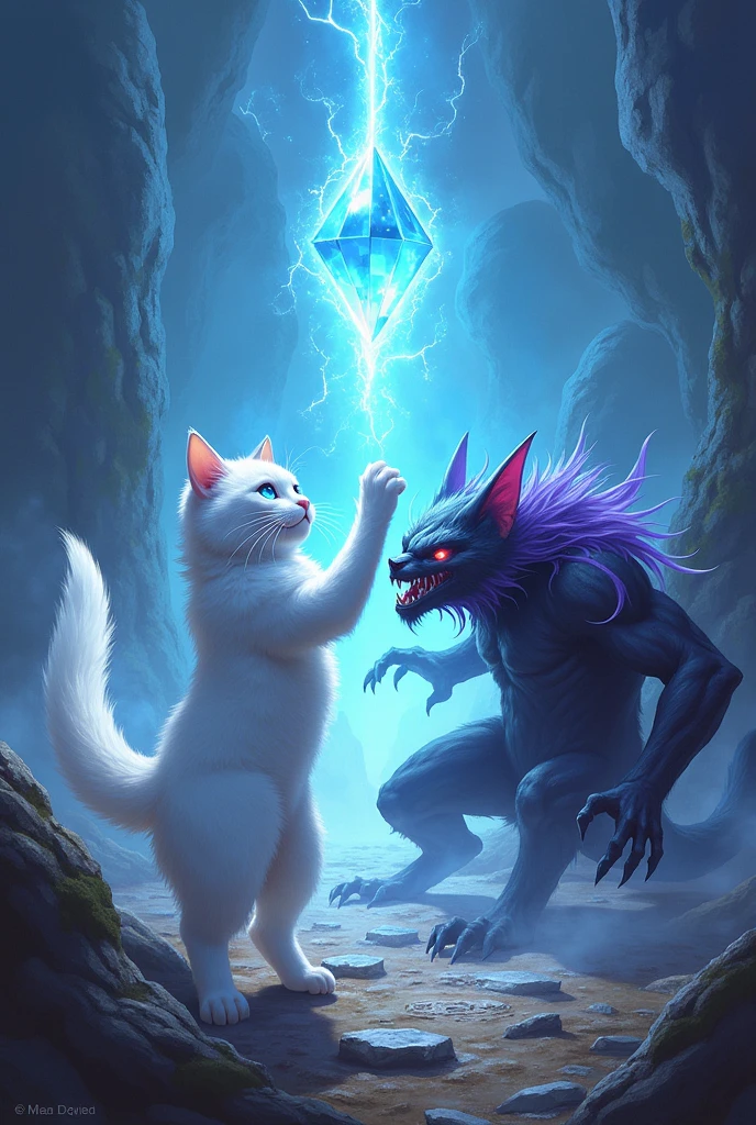 A big fat fluffy grey long-haired Scottish cat and a blue dragon with scaly skin sit snuggled up and look at each other like old friends