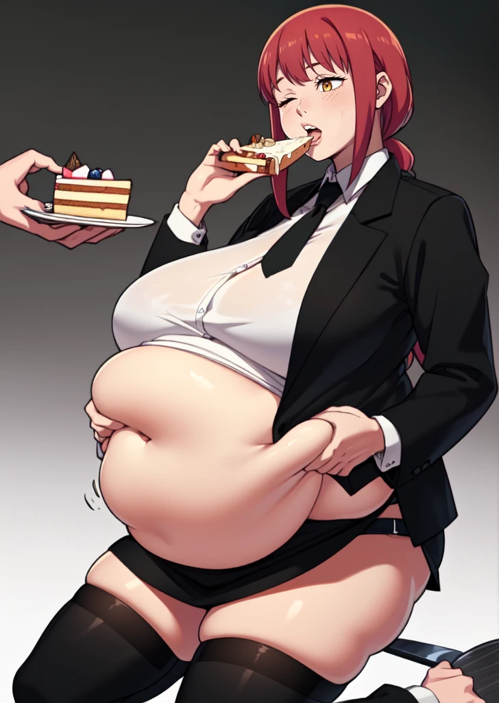 (masterpiece, best quality), 1girls, big belly, blurry background, huge belly, art by kipteitei, round belly, chubby, curvy, long hair, red hair, black mini skirt, thighhighs, simple_background, gradient_background, belly bursting out of black ,(((black suit jacket))), long sleeves, wearing a black tie, enormous belly, fat belly, thicc, bigger belly, really big belly, jiggly belly, giant huge belly, big enormous belly, ((((gigantic belly)))), bloated belly, fat belly, ginormous big belly, expanding big belly, sfw, safe for work, kneeling on bed, sfw (safe for work), makima, (((a person out of frame is feeding her cake, cake is being shoveled into her mouth, her lips are closed around a slice of cake, a platter of cake, she has her mouth open wide f))), sweating, blushing, (mouth open wide, she is saying aaah), ((her belly is being grabbed and played with by floating hands))