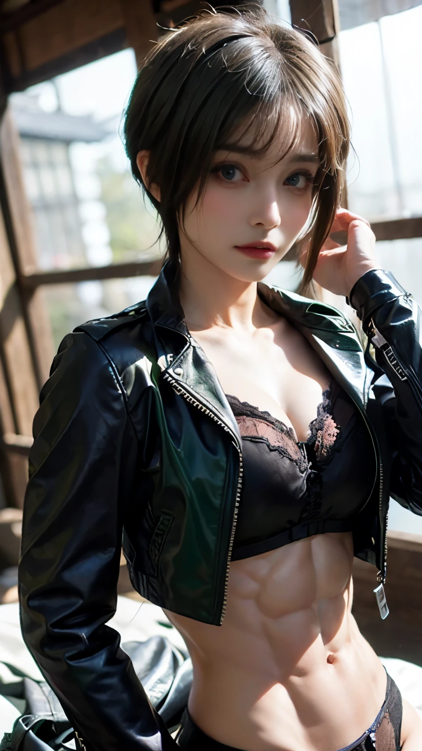 ((masterpiece, Highest quality,raw photo,higher, beautifully,8k,beautiful:1.4)),1 girl 28years old Japanese women,super realistic:1.8,medium chest:1.5,sexual ecstasy face((sitting cowgirl position,open legs,on bed)),Emphasize the cleavag,((wealing Leather jacket over lingerie:1.5)),put on long leather pants,((Well defined abdominal muscle:1.7)), BREAK (Athletic Build:1.6),Attractive body, ((Perfect body: 1.6)), ((A seductive body with a sexy belly)), Sexy Body, (With abs:1.5),Attractive face and body, (Sexy Body and face)) ((sexy hot body)), Perfect body and face, beautiful body and face,BREAK ((green short hair:1.4)),((at Kyoto:1.6)),black lipstick
