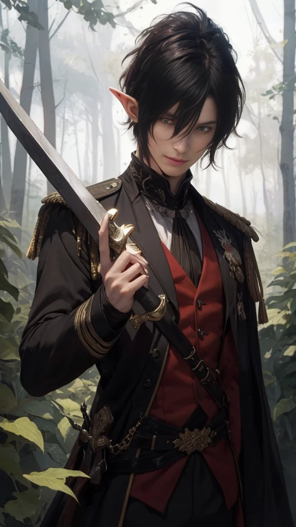 A young and firece male elf noble with long pointy ears, short messy dark hair and glowing emerald eyes, a black and red fantasy uniform inspired 19th century European military uniforms, high resolution, masterpiece, precise, anatomically correct, best quality, UHD, realistic,