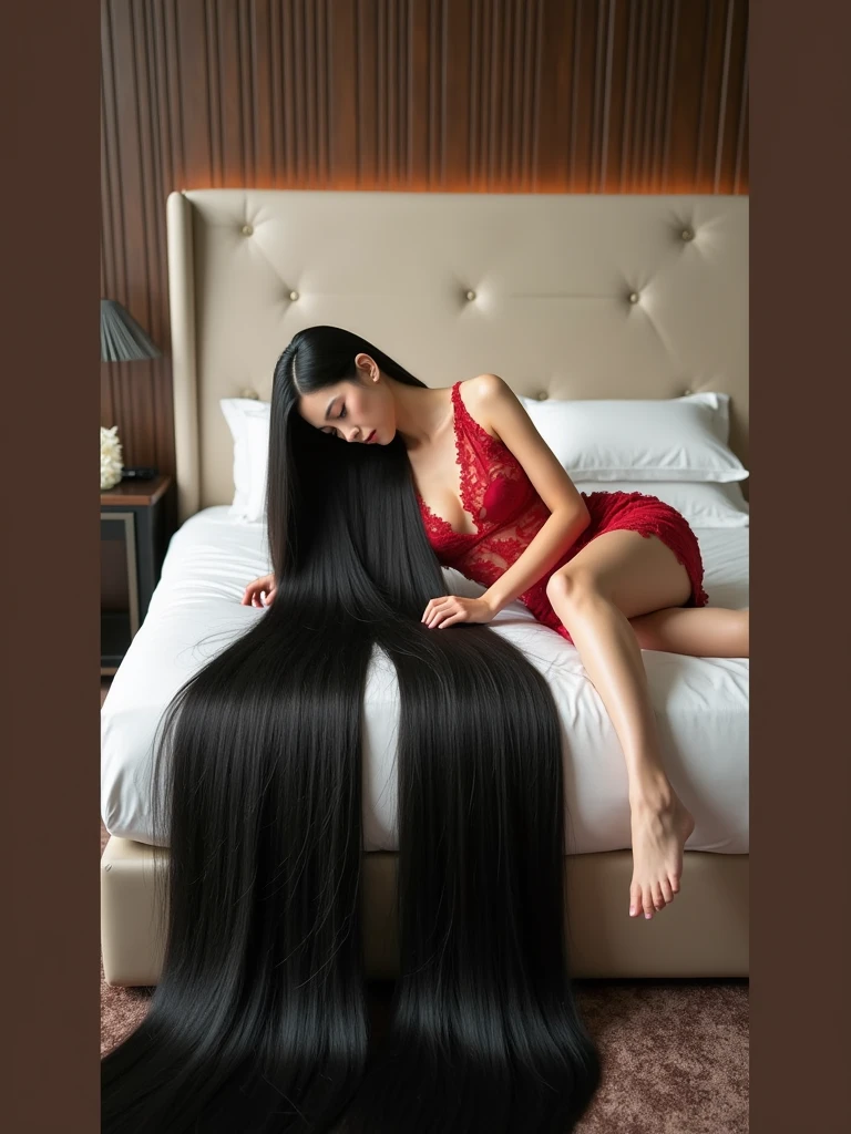 Pretty Asian women、Full body photo、Head to toe photos、Taken from about 4 meters away、ultra-realistic、The longest black hair in the world、Hair longer than Rapunzel、She has very long black hair that covers her entire body...、Hair that is shampooed every day is so beautiful、I's hair isバラの香りがして、My very long black hair makes me look sexy.、My charm is my long black hair、Long black hair is a symbol of beauty、I'I am proud of my long black hair、This long hair length and volume is admired around the world.、Her very long black hair is fanned out、Smooth black hair that flows from shoulders to floor、I have a lot of hair、Cover the entire bed with hair、Hide your hands with your long hair、Hide your fingers with your long hair、A storm of black hair about to overflow from the screen、,Full body photo,超Super long hair、naked、the most Beautiful Hair in the world、Lie on your back in bed 、Long hair covering her vagina,wear red kebaya batik motif,Cover the whole body with straight hair、Very beautiful face、beautifully styled black hair、Very large amounts of hair、Super long hair that accentuates femininity'sexly、Slim figure、Beautiful and shiny hair、Bright lighting、Professional Lighting、Full body photo、Black hair contest winner、the place is a bedroom from flower、My hair is reaching the floor of flower and dragging、Full of black hair、She is leaning on the bed from flower, Show off your long hair.、The bed from flower is full of hair、Long black hair covers the whole body、Super long hair、Best image quality、highest quality、Highest Resolution、Ultra-realistic photos、Full body photo、1 girl、Very beautiful face、 Real Photo、Live-action,((large breast:1.6),((pose looking back over shoulder))