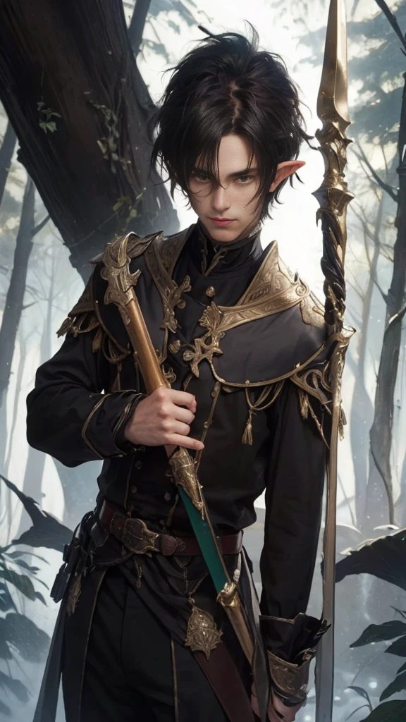 A young and firece male elf noble with long pointy ears, short messy dark hair and glowing emerald eyes, wearing black fantasy garments inspired 19th century European military uniforms, high resolution, masterpiece, precise, anatomically correct, best quality, UHD, realistic,