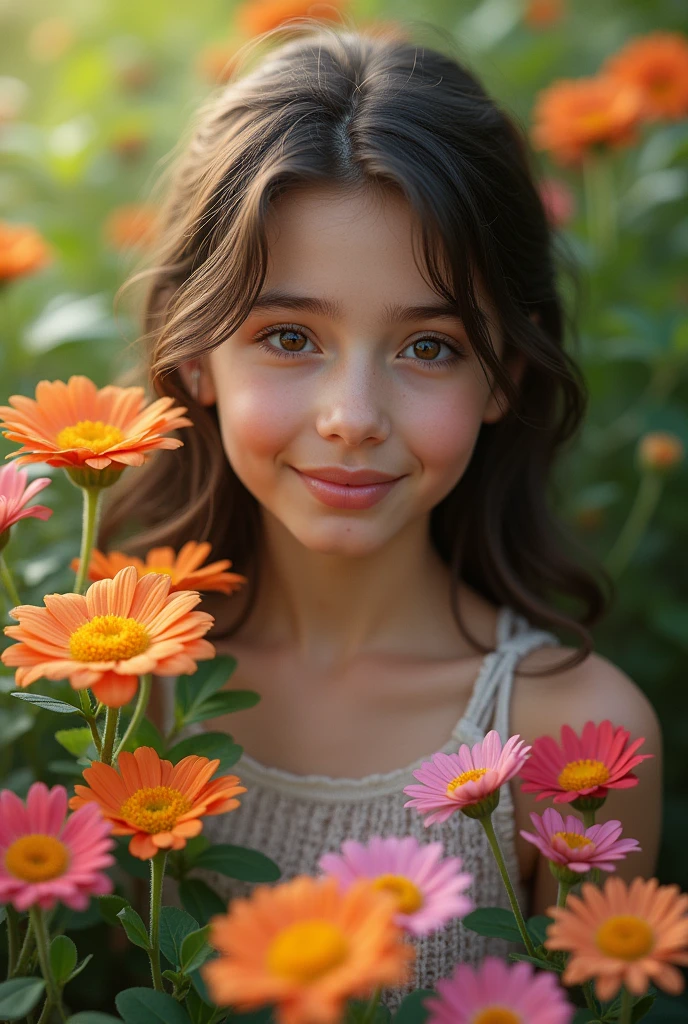 Arafed girl holding a yellow flower in her hands, menina jovem bonito, segurando uma flor, segurando margarida, pegando uma flor, holding magic flowers, Segurando flores, flores nas bochechas do herdeiro, com flores, bonito e sorridente, jovem e bonito, girl with a flower head, com um lindo sorriso, Rapariga, menina feliz, menina jovem e bonito