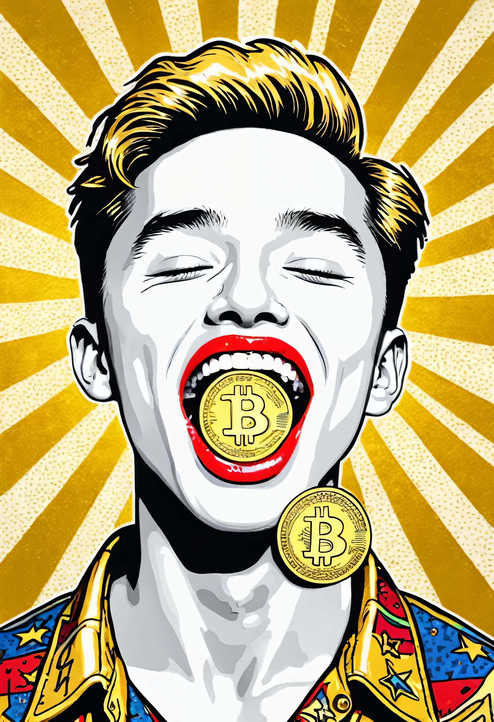 low quality、Pop Art、（(One coin))、（Mouth only）、No eyes、No nose、Teeth are visible、gold、Logo、central、big、Background is white