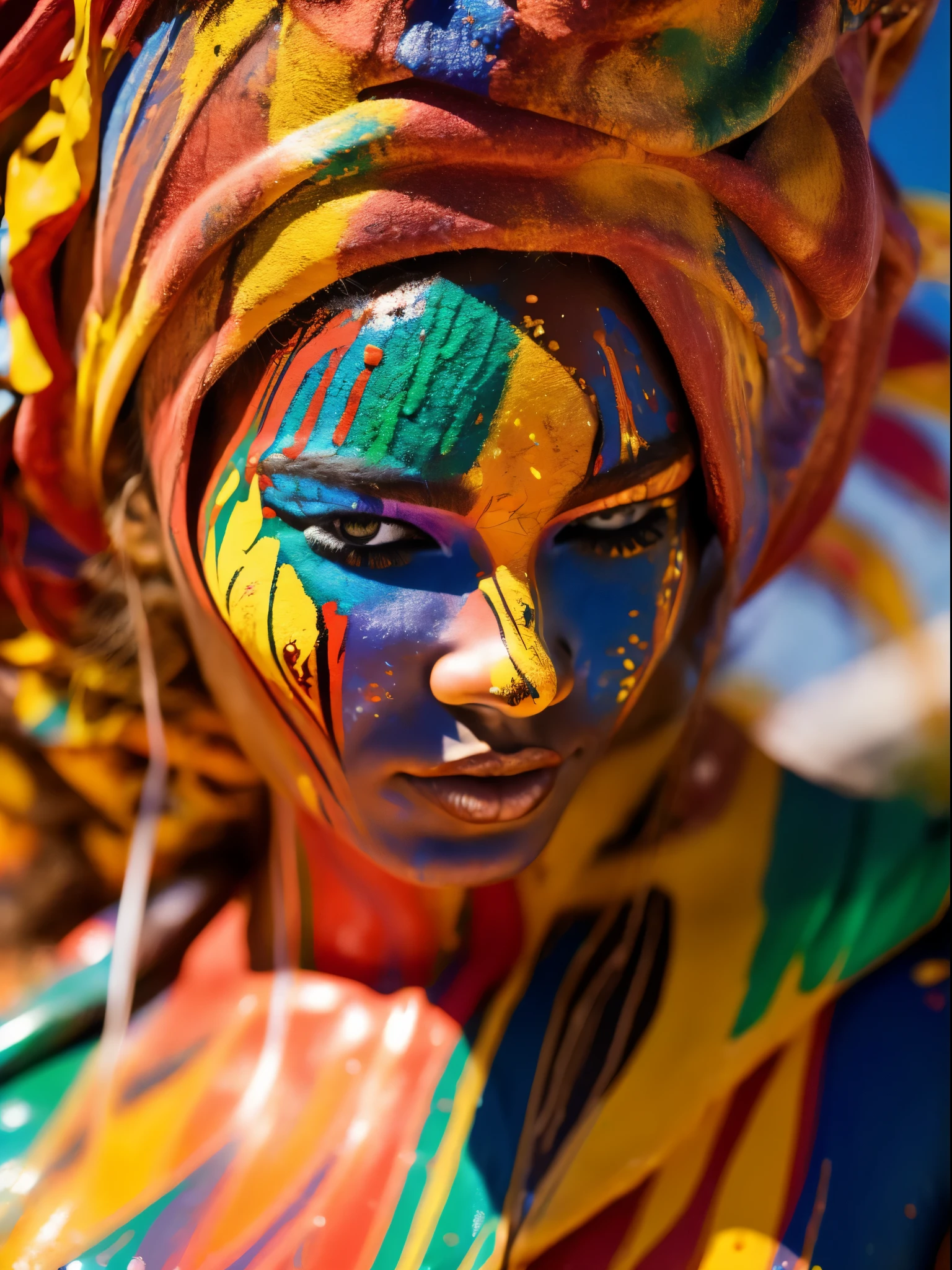 portrait of a beautiful woman, 2, (body painted with colorful paint, carnival style), realistic self portrait, 8K UHD, dslr, grain of film, Fujifilm XT3 photorealistic painting midjourney art, brought outdoor sunshine, inspired by a Brazilian. prinzzess