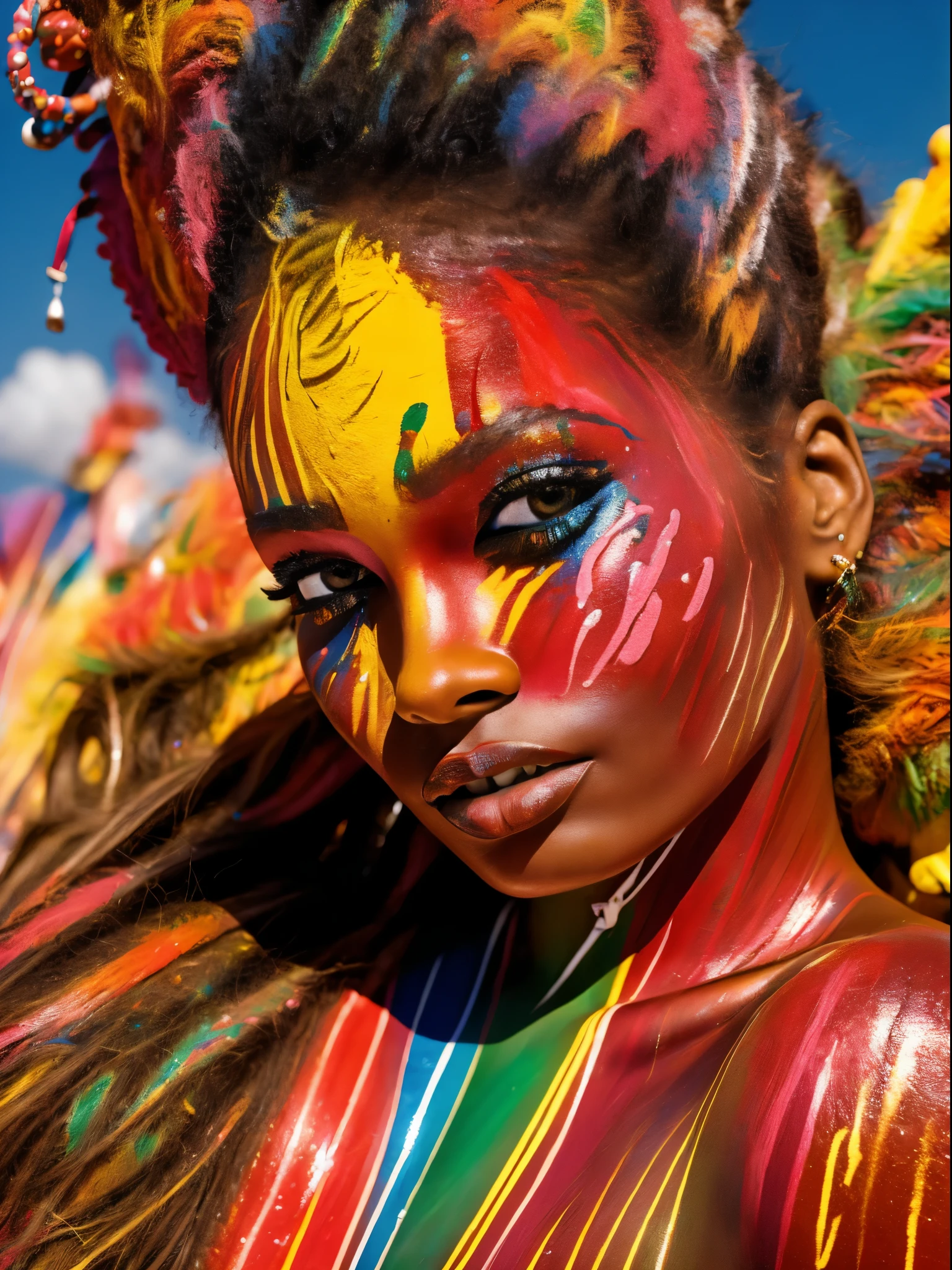 portrait of a beautiful woman, 2, (body painted with colorful paint, carnival style), realistic self portrait, 8K UHD, dslr, grain of film, Fujifilm XT3 photorealistic painting midjourney art, brought outdoor sunshine, inspired by a Brazilian. prinzzess