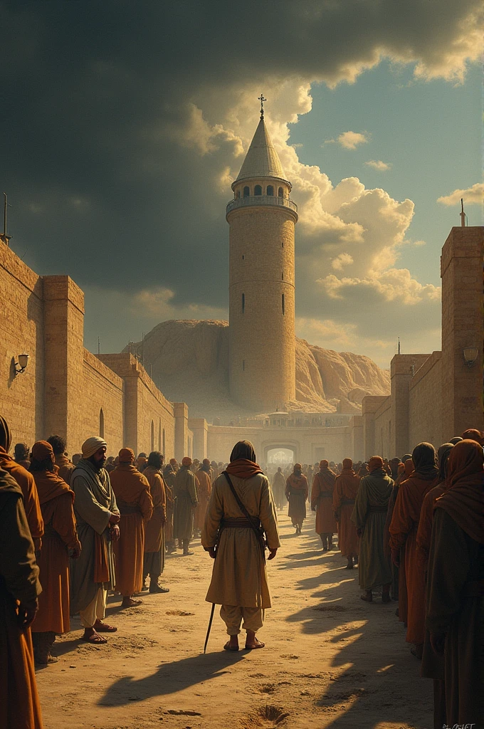 The fortress city of Jericho of the Bible has a segment of its cracked wall through which the Israelite army invades, dramatic concept art, epic cinematic concept art, martin raphael lacoste, large crowds of Israelites, by Arthur Tarnowski, raphael lacoste style, matte cinematic illustration, medieval concept art, background of the invading army, siege, citadel of Erbil, the conquest of Jericho
