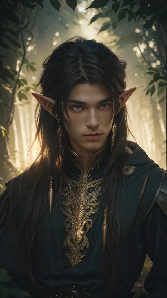 A young male elf noble with long pointy ears, long dark hair and piercing emerald eyes, wearing black fantasy garments with intricate dold detailing, standing in the middle of a dense forrest, high resolution, masterpiece, precise, anatomically correct, best quality, UHD, realistic,