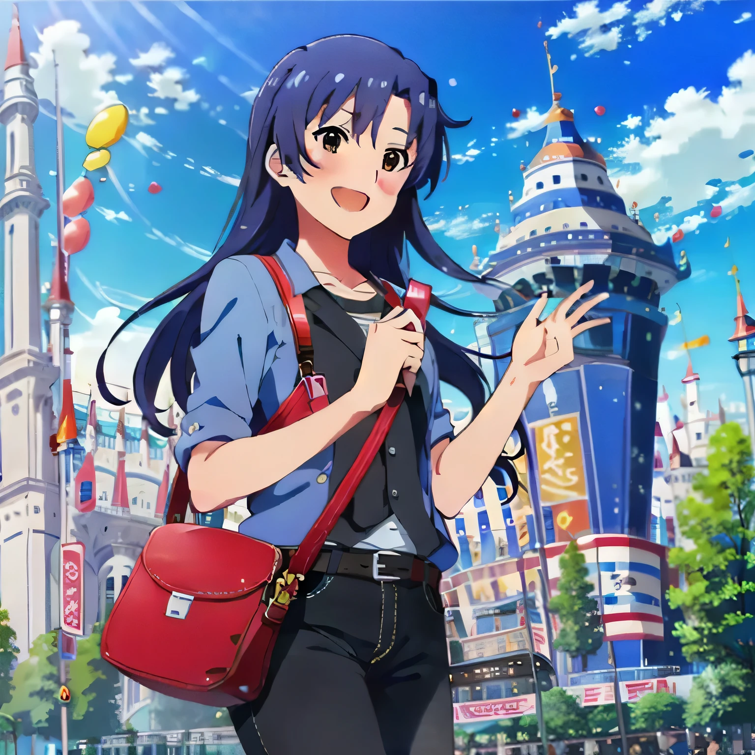 (masterpiece),kisaragi chihaya, blue hair, long hair, brown eyes, 1girl, balloon, ferris wheel, solo, bag, open mouth, smile, belt, handbag, day, blush, pants