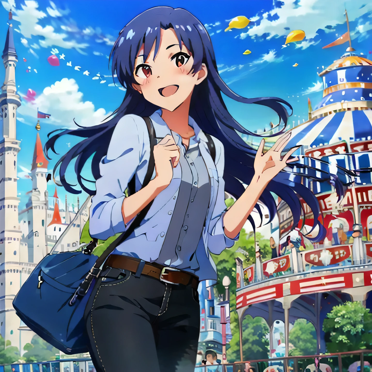 (masterpiece),kisaragi chihaya, blue hair, long hair, brown eyes, 1girl, balloon, ferris wheel, solo, bag, open mouth, smile, belt, handbag, day, blush, pants