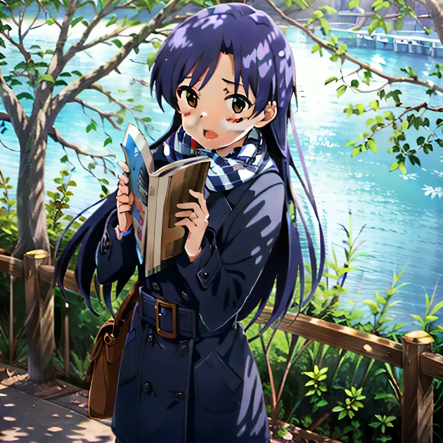 (masterpiece),kisaragi chihaya, blue hair, long hair, brown eyes, 1girl, scarf, solo, book, bag, open mouth, tree, blush, coat, water