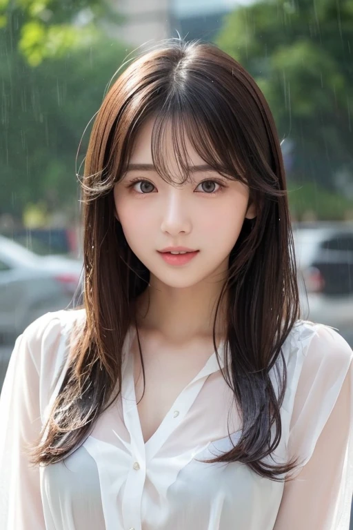 (((8ｋ,Attention to detail,Attention to detail、highest quality，masterpiece,Attention to detail))),RAW Photos & Realistic atmosphere,Beautiful dark eyes,Mouth Details,Glossy lips,Thin eyebrows,beautiful Eyes、Soft white skin that shines in every detail、Her deep black eyes are very beautiful,Very beautiful face,Very beautiful face、Lively Faces,beautiful, Glistening lips,beautiful Eyebrows,Infinite Reality, Realistic Young Gravure Idol,Very cute woman , Young Gravure Idol, とても美しくてかわいいbeautiful 21 year old beauty,Incredibly beautiful and elegant，beautiful 21 year old beauty,Natural soft light,（Shiny Hair,,beautiful and kind eyes：1.5）,A kind smile,Shapely breasts,Long Hair,beautiful posture,No makeup,Take a quick look at the camera,(((rain,  In the rain，soaked，Wet T-shirt)))，