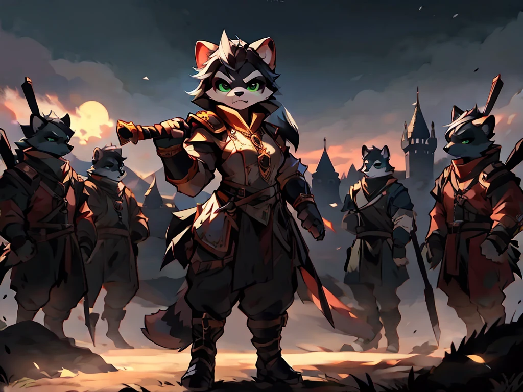 full body, battle ground background、full moon, A female raccoon, custom armor, night, medieval castle, very detailed, masterpiece, ultra resolution, perfect quality ,vivid colors,determined expression, strong shadows,majestic, dark atmosphere, green eyes, surrounded by soldiers, holding weapon up, head turned, looking over shoulder, swinging weapon, attacking with weapon, in battle, using weapon, long black hair 