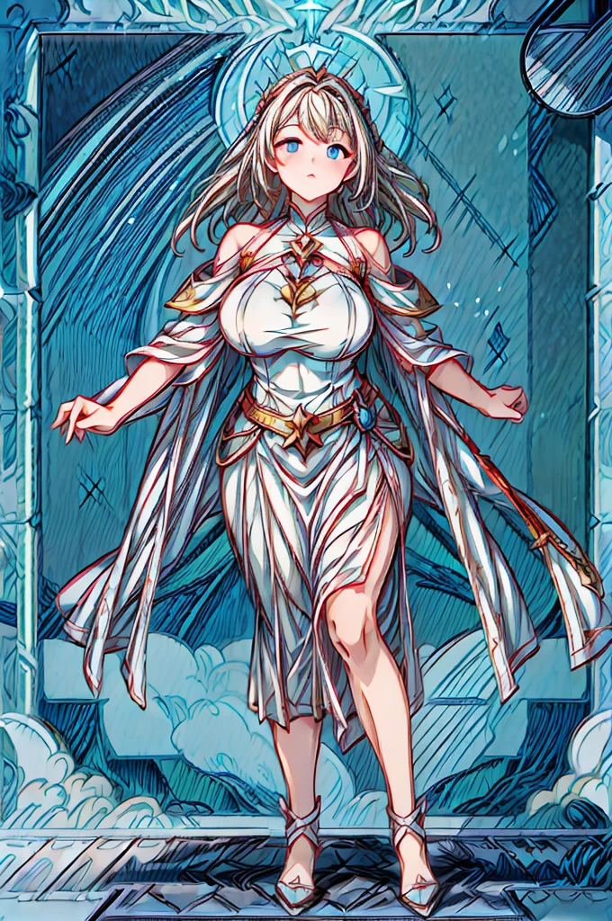 (masterpiece), (best quality), (ultra-detailed), (full body image), A solo girl standing gracefully, her delicate yet voluptuous figure silhouetted against the backdrop of a breathtakingly beautiful mystical pond in ancient ruin. The ancient structure is ordained with mysterious magic runes glowing in the moonlight. The air is filled with a sense of serene tranquility as the wind gently rustles through her long brown hair, causing the extremely delicate and beautiful (((see-through fabric))) of her tribal dress to billow softly around her. Her sexy see-through garments reveal supple breasts and a hint of her vagina. As she gracefully moves, flying traces of water and petals accompany her, caught up in the ethereal dance of the wind. She is a spirit maiden dancing a legendary rite. Her eyes are filled with lust and determination. The scene is a symphony of beauty, with every detail meticulously crafted to evoke a sense of wonder and awe.