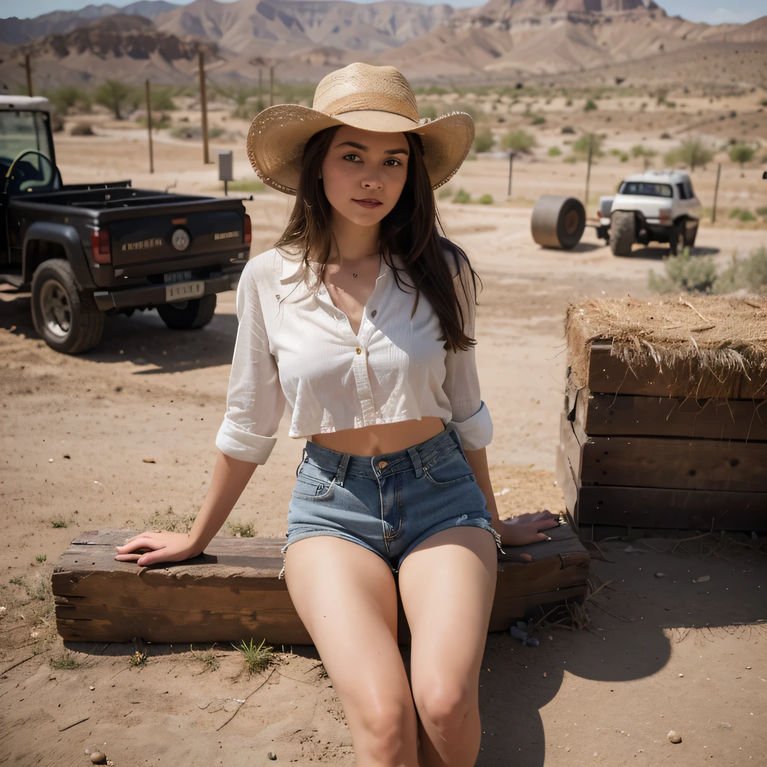 Craft artwork featuring a beautiful young latino girl with long dark hair, her locks moving in the wind as she stands next to a 1970s ice cream truck that is painted red, white and blue. Against the backdrop of an epic and colorful California desert sunset, she stands topless, wearing only yellow bikini bottoms, exuding a sense of freedom and carefree spirit. Capture the serene and timeless beauty of the moment as she watches the sun dip below the horizon in Joshua Tree, surrounded by the splendor of nature