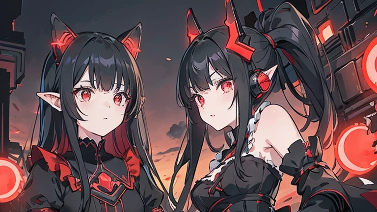 Multiple girls, AIs, robot girls, black hair, light skin, red eyes, black frilly clothing, black metal parts, gauntlets, black dress, frills, long black hair, red pointy glowing ear pieces