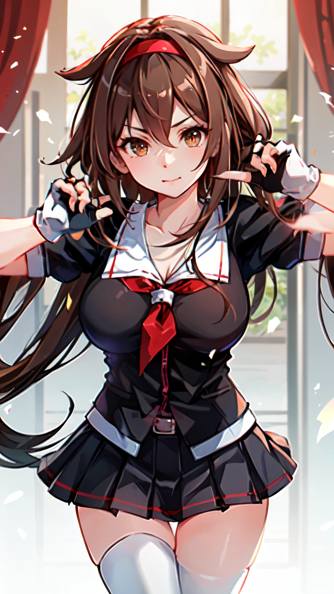 Best Quality, masterpiece, High resolution, One person, {Fleet Collection_White Dew:1.15} Brown Hair、Long Hair、Thighs、Short sleeve、Pleated skirt、Hairbands、Seraph、Black gloves、Fingerless gloves、Black Skirt、neckerchief、Big Breasts　Office　Look here