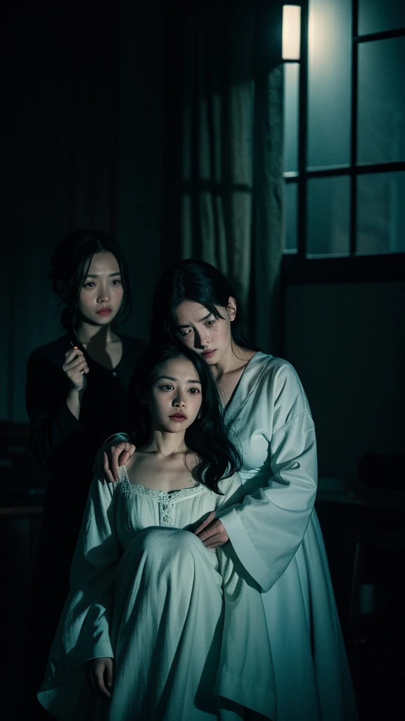 Land of Rakshasa、Japan、Thugs wearing demon masks attack the girl inside the mansion、On the futon、Kimono-like bedding、(A thin, pale-skinned young woman), The merciless demons、地上を覆うhell、Dark Clouds、A cruel world where people are no longer people, (Scared girl)、hell、(Dim lighting)、A cruel world where people are no longer people、Bird's-eye view、(Grab the girl and strip her)、Masterpiece best quality、Baby Face、Cute girl、R18、No makeup、Various hairstyles、Blood stains on the walls
