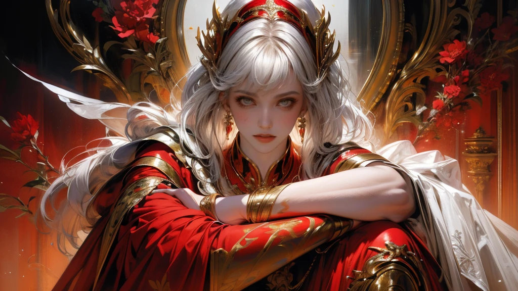 a beautiful woman with delicate features, wearing a regal red and white shirt, sitting on a chair against a red white background, black and white wings, holding a sword, a crown on her head, surrounded by a tangled floral design with glowing skin, highly detailed, fractal art style, dynamic pose, vibrant color palette focused on red, and white, perfect proportion and anatomically correct details, futuristic, cyberpunk, ink punk aesthetic, paint tray and ink splatter elements, (best quality,4k,8k,highres,masterpiece:1.2),ultra-detailed,(realistic,photorealistic,photo-realistic:1.37),HDR,UHD,studio lighting,ultra-fine painting,sharp focus,physically-based rendering,extreme detail description,professional,vivid colors,bokeh, smiling, luxury bg