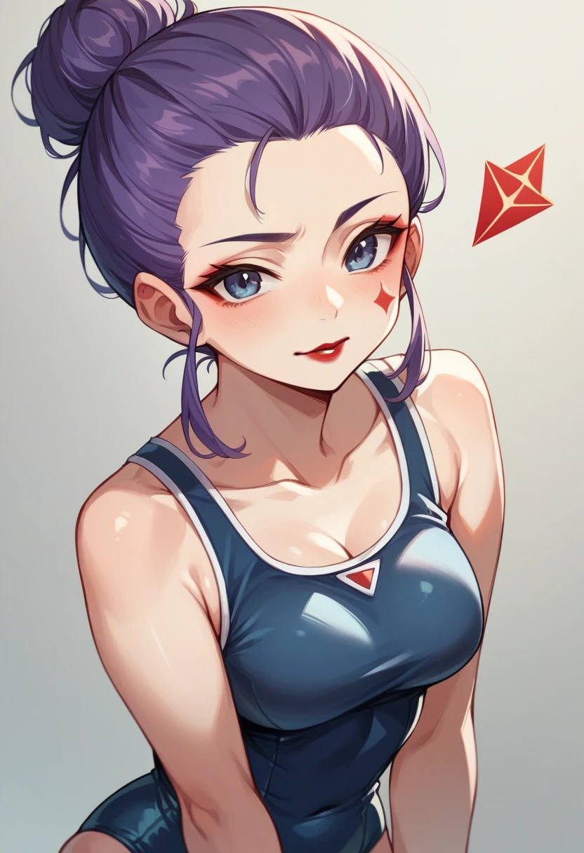 /shelly/, anime, 1girl, large breasts, tanned skin, smile, purple hair, big ponytail, purple eyes, bandaid on cheek, pink t-shirt, pants, yellow bandana, looking at viewer, standing, white background