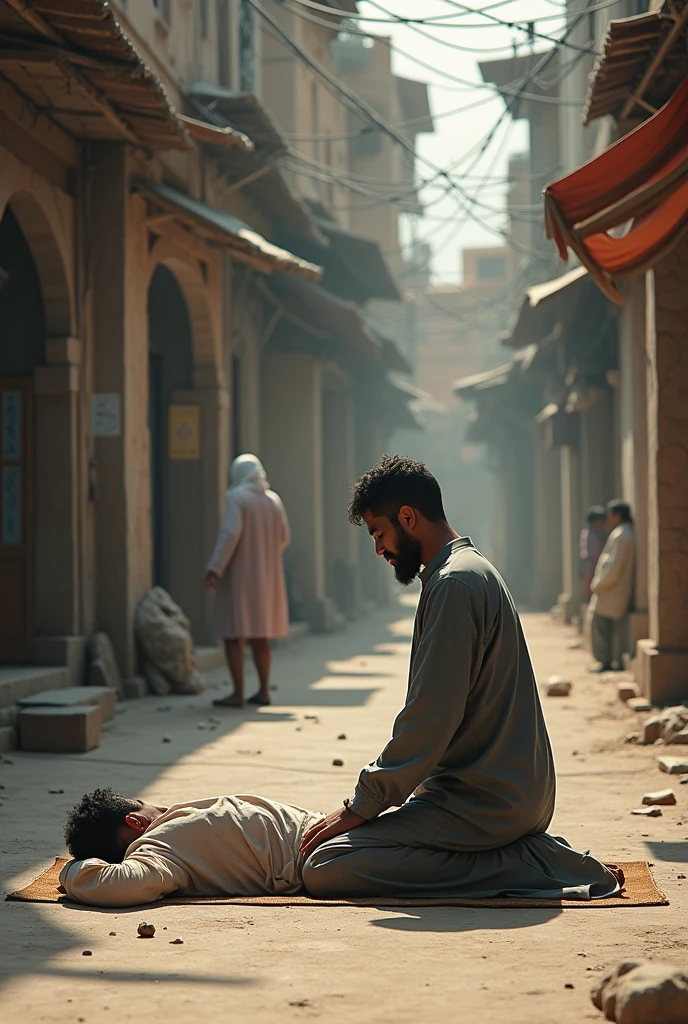 A woman covered with a sheet is lying on the side of the road.
A madrasa student sits and cries. A gentleman stands in front of them.
