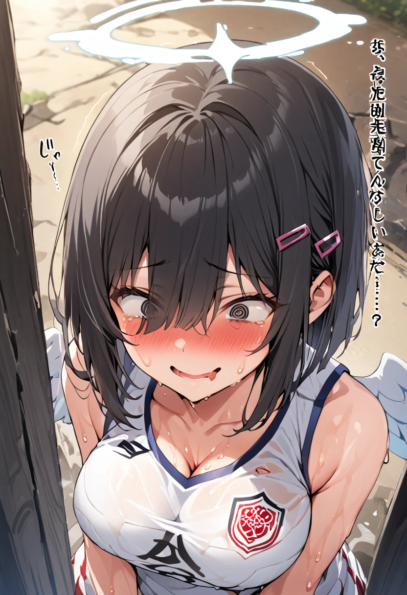 Asahina Nono, brown hair, short hair, purple eyes,  1girl, solo, large breasts., crying , nipple,　Expressway, , Standing pee, nude, Peeing, lactation, projectile lactation,   (Sweating profusely, Love juice, Wet Woman, female ejaculation)