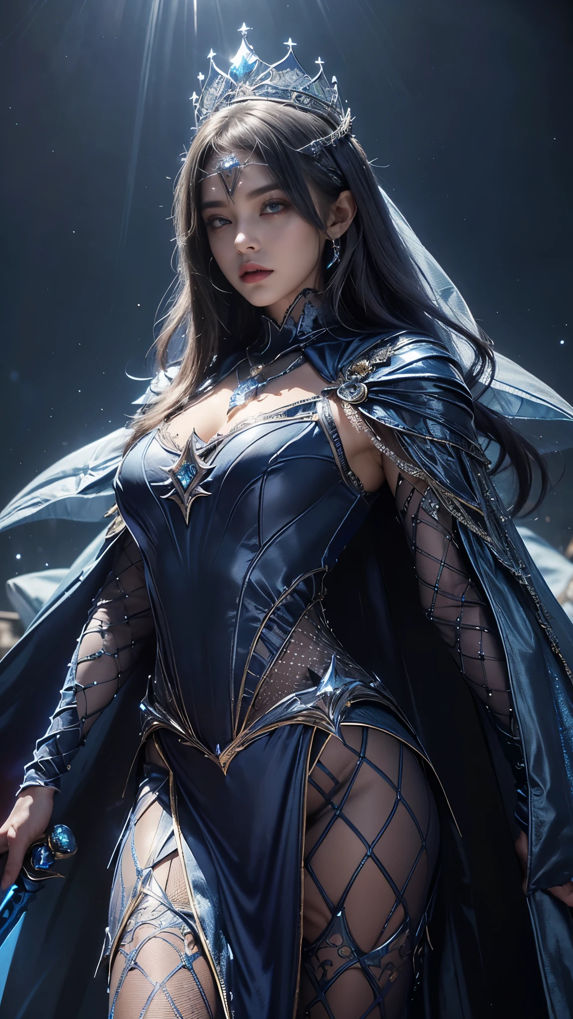brunette woman, long black hair, brown skin, sorceress and ice elemental outfits, surrounded by snow and with an ice spear